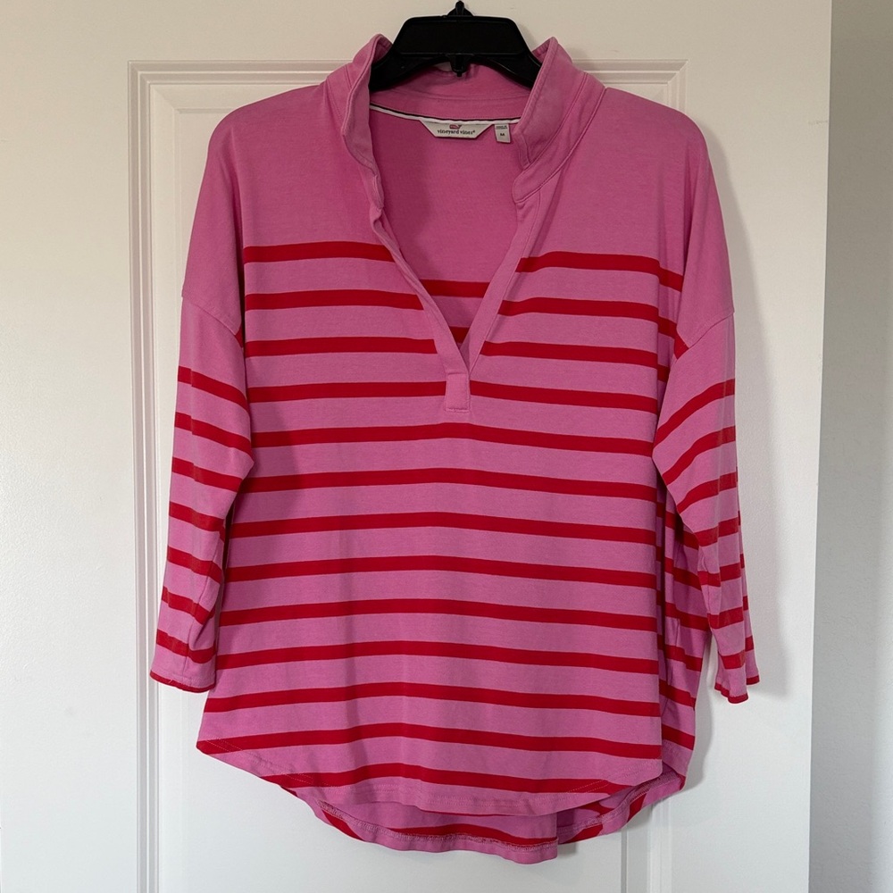 Women's Vineyard Vines Pink & Red Striped V-Neck Tunic Top